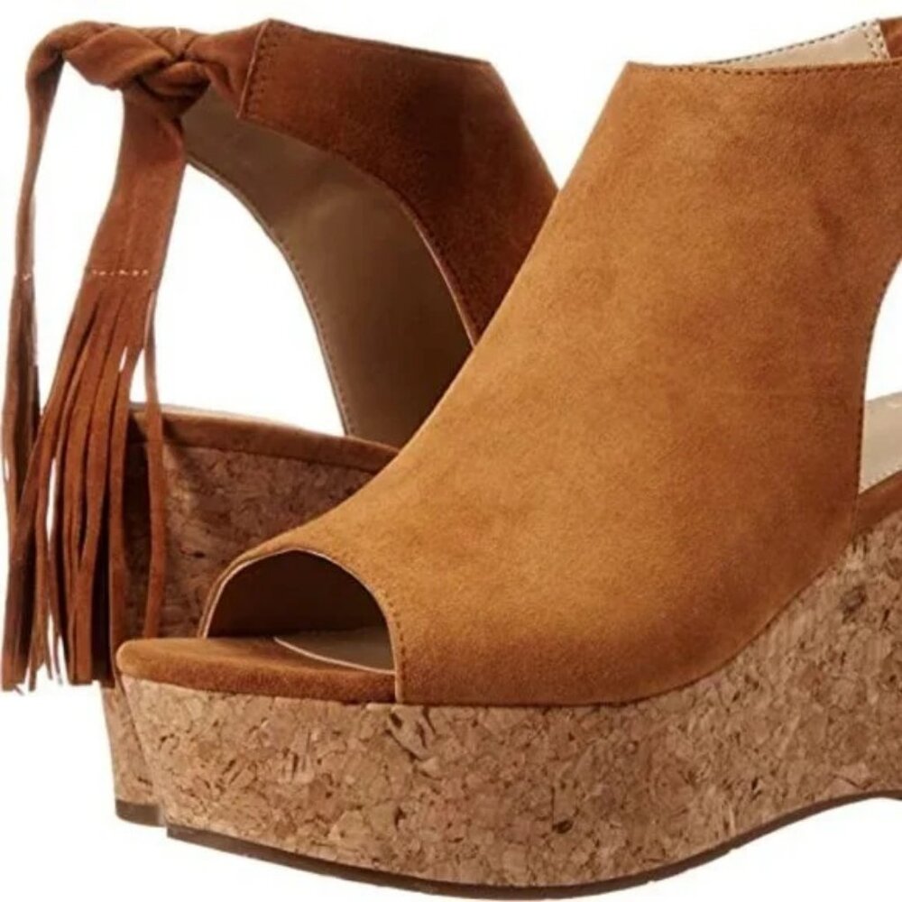 NEW IN BOX MARC FISCHER SUEANN WEDGE SANDAL COGNAC SUEDE FRINGE TIE BACK SZ 7.5 - Picture 5 of 10